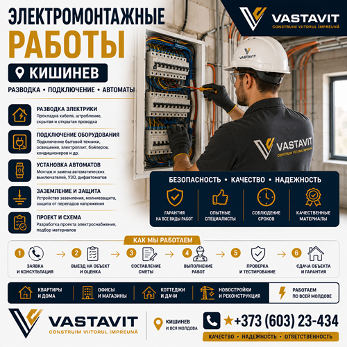 Электромонтажные работы Кишинев — разводка, подключение, автоматы
